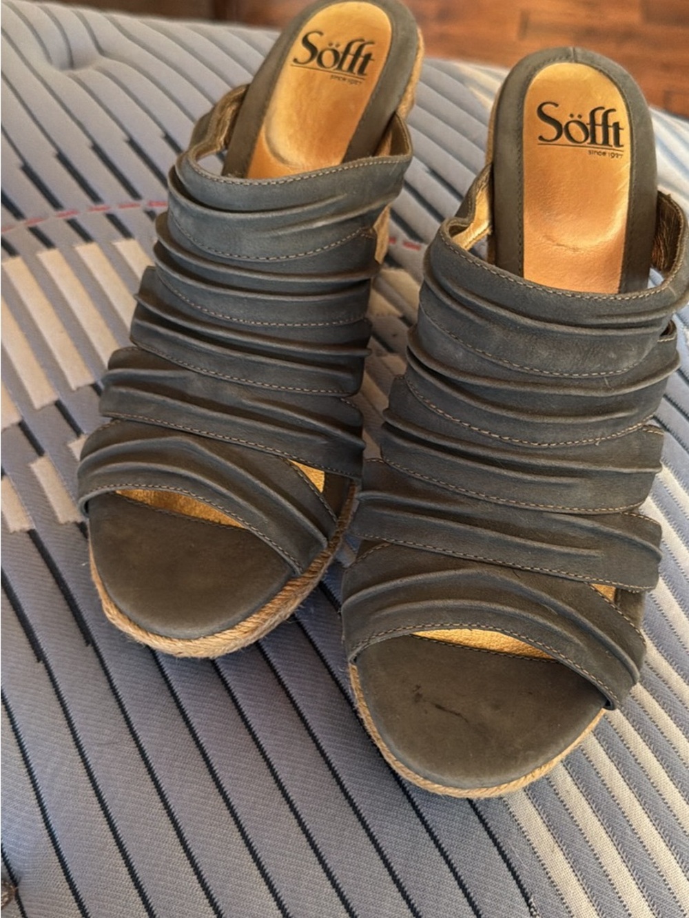 Sofft Gray Layered-Strap Wedge Mules